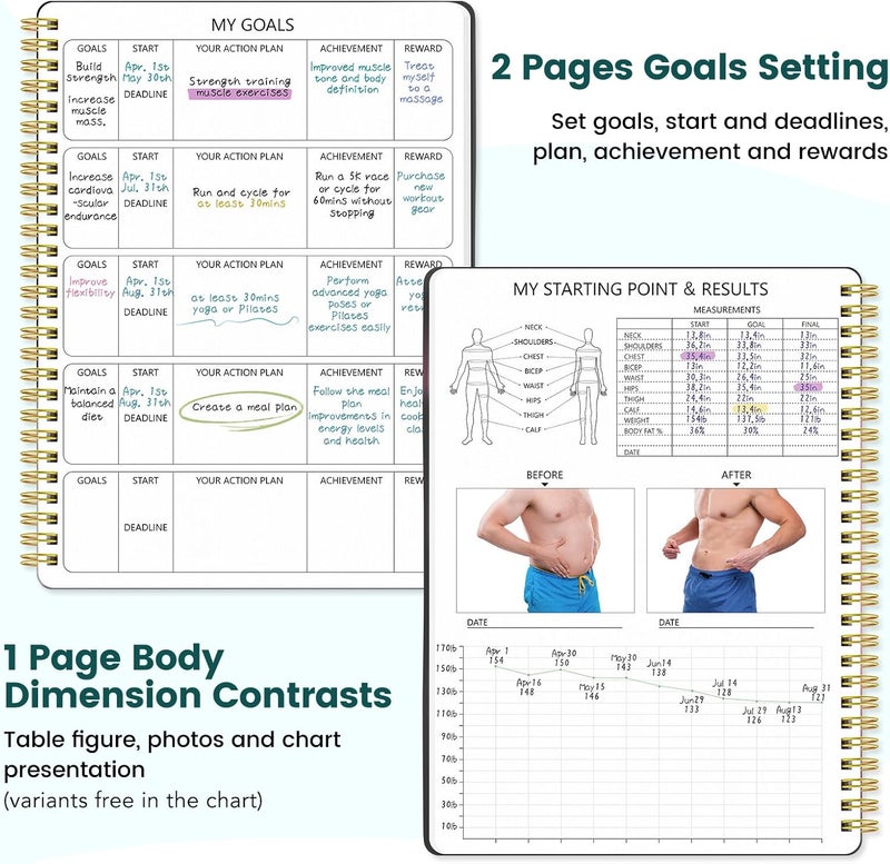 Dapsang Fitness Journal for Women & Men, Food & Workout Journal Planner Log Book with Measuring Tape, Undated Wellness Planner to Track Weight Loss, Muscle Gain, Home Gym Exercise, Daily Nutrition, 9.5" x 7" - Image 2
